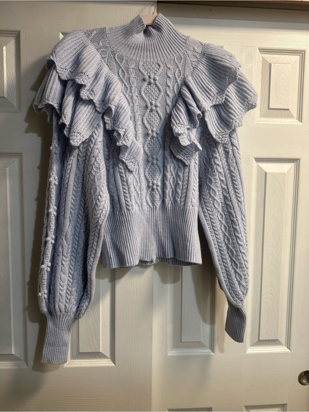 Autumn Cashmere Light Blue Cable-Knit Ruffle Turtleneck Sweater